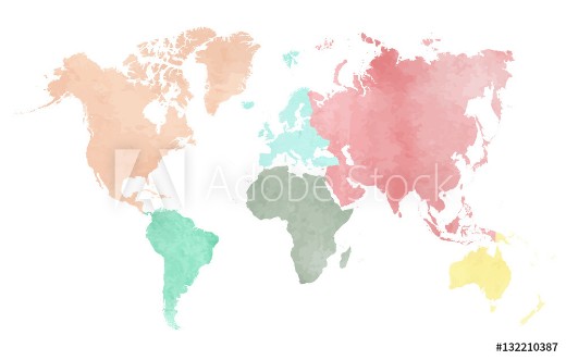 Picture of Map of the continental world in watercolor in six different colors